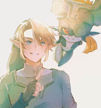 Rule 34 | 1boy, 1girl, blonde hair, blue eyes, blush, collared shirt, colored sclera, earrings, fingerless gloves, floating, gloves, green hat, green tunic, grin, hair between eyes, hashtag-only commentary, hat, height difference, helmet over one eye, highres, jewelry, link, midna, naltu101, navel, nintendo, orange hair, parted bangs, parted lips, phrygian cap, pointy ears, red eyes, shirt, short hair, shortstack, smile, teeth, the legend of zelda, the legend of zelda: twilight princess, tunic, upper body, white background, white shirt, yellow sclera