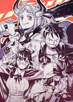 2boys 2girls clenched_hand club club_(weapon) commentary_request cuffs double_v eyelashes gloves greyscale_with_colored_background grin hair_over_one_eye hat hat_on_back horned_hat horns living_(pixiv5031111) mask monkey_d._luffy monochrome mouth_mask multiple_boys multiple_girls one_piece page_one_(one_piece) scar scar_on_chest scar_on_face shackles short_hair smile spiked_club ulti_(one_piece) v weapon yamato_(one_piece)