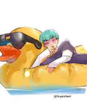 1boy aqua_hair baby_(kpop_demon_hunters) closed_mouth commentary english_commentary heart heart-shaped_eyewear highres innertube kpop_demon_hunters long_sleeves looking_at_viewer lying male_focus solo swim_ring tanya_lehoux twitter_username