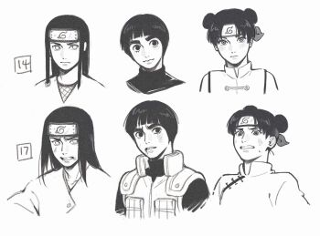 2girls 4boys age_comparison bruise bruise_on_face character_age chinese_clothes clenched_teeth double_bun dual_persona flak_jacket forehead_protector greyscale hair_bun highres hyuuga_neji il1023il injury jacket konohagakure_shinobi_uniform konohagakure_symbol long_hair monochrome multiple_boys multiple_girls naruto_(classic) naruto_(series) naruto_shippuuden rock_lee sleeveless teeth tenten_(naruto) thick_eyebrows