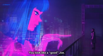 1boy 1girl animification blade_runner_(series) blade_runner_2049 blue_eyes blue_hair blunt_bangs colored_skin dmitry_grozov english_text fake_screenshot from_side goslingposting_(meme) highres hologram joi k_(blade_runner_2049) meme nude parody pointing purple_skin retro_artstyle spoilers standing style_parody subtitled tagme you_look_lonely_(meme)