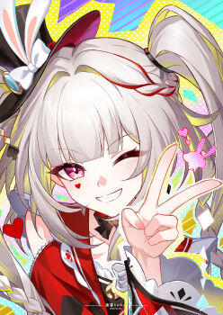 1girl absurdres bow braid cancancancan chinese_commentary choker commentary_request grey_hair grin hat hat_bow heart highres honkai:_star_rail honkai_(series) long_sleeves looking_at_viewer multicolored_hair one_eye_closed pink_eyes red_hair side_ponytail smile solo sparkle_(honkai:_star_rail) sparxie_(honkai:_star_rail) streaked_hair top_hat upper_body v virtual_youtuber white_bow white_hair