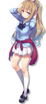 1girl absurdres advanced_nurturing_high_school_uniform aqua_scrunchie black_bow black_bowtie black_shoes blonde_hair blue_eyes blue_shirt boots bow bowtie breasts closed_mouth clothes_around_waist collared_shirt full_body hair_ornament hair_scrunchie high_heel_boots high_heels highres jacket jacket_around_waist karuizawa_kei kneehighs loafers long_hair looking_at_viewer medium_breasts official_art pleated_skirt ponytail red_jacket school_uniform scrunchie shirt shoes simple_background skirt socks solo standing tomose_shunsaku transparent_background tying_hair white_skirt white_socks youkoso_jitsuryoku_shijou_shugi_no_kyoushitsu_e