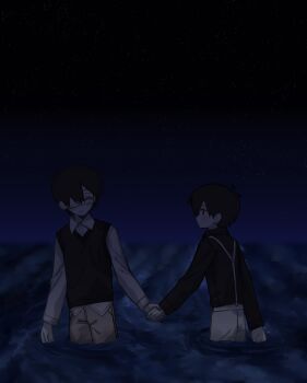 2boys alternate_costume alternate_sleeve_length antenna_hair black_shirt black_sweater_vest blurry blurry_background blush brown_shorts closed_eyes closed_mouth collared_shirt double-parted_bangs dual_persona eyepatch hair_between_eyes highres holding_hands long_sleeves looking_at_another male_focus multiple_boys night omori omori_(omori) parted_lips rou_(h_s_sinrin) shirt short_hair shorts smile spoilers sunny_(omori) suspenders sweater_vest wading water white_shirt