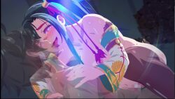 1boy 1girl ahegao animated assertive_female black_hair blush bouncing_breasts breasts censored cowgirl_position dmm dmm_games femdom french_kiss bad_tag girl_on_top gula_(magicami) hetero highres jiggle kan'u_(koihime_musou) kiss koihime_musou large_breasts live2d looping_animation magicami moaning naughty_face red_eyes saliva saliva_trail side_ponytail sound straddling tears thighhighs thighs vaginal video video_game