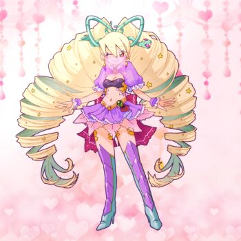 1girl blonde_hair boots cleavage_cutout clothing_cutout commentary_request drill_hair gerusyu heart heart_background high_heel_boots high_heels highres long_hair luna_platz_(mega_man) mega_man_(series) mega_man_star_force_(series) midriff miniskirt mouth_veil one_eye_closed pink_background purple_skirt queen_ophiuca_(mega_man) skirt smile snake thigh_boots twin_drills veil very_long_hair