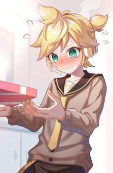 Rule 34 | 1boy, @ @, aroeruji3, black sailor collar, black shorts, blonde hair, blush, box, box of chocolates, buttons, collarbone, commentary request, flying sweatdrops, gift, gift box, grey sweater, headphones, highres, indoors, kagamine len, male focus, messy hair, necktie, ponytail, sailor collar, short hair, short ponytail, shorts, solo, sweat, sweater, swept bangs, valentine, vocaloid, wavy hair, yellow nails, yellow necktie