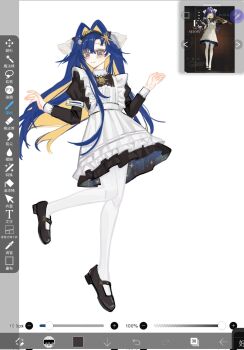 1girl apron art_program_in_frame black_dress black_hairband black_shoes blonde_hair blue_eyes blue_hair colored_inner_hair dress frilled_apron frills full_body hair_intakes hair_ornament hairband hands_up hashtag-only_commentary highres ichigo_(cute_berry460) juliet_sleeves leg_up long_hair long_sleeves mary_janes multicolored_hair pantyhose puffy_sleeves reference_inset reverse:1999 school_uniform screencap shoes short_dress smile solo soviet_school_uniform star_(symbol) star_hair_ornament very_long_hair voyager_(reverse:1999) white_apron white_background white_pantyhose