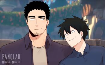2boys black_hair collared_shirt facial_hair goatee highres kazama_souta male_focus mature_male multiple_boys muscular muscular_male notice_lines panqlao photo_background scene_reference senpai_ga_uzai_kouhai_no_hanashi shirt short_hair signature smile smirk stubble takeda_harumi tangled thick_eyebrows