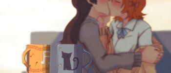 2girls blurry blurry_background blush brown_hair cardigan closed_eyes coffee_mug collared_shirt cup idolmaster idolmaster_million_live! kiss kitazawa_shiho long_hair long_sleeves mine_hn mug multiple_girls orange_hair shirt short_hair white_shirt yabuki_kana yuri