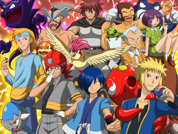 00s 1990s_(style) 6+boys adjusting_eyewear age_difference androgynous bastiodon blonde_hair blue_eyes blue_hair brown_eyes brown_hair bugsy_(pokemon) byron_(pokemon) cape chuck_(pokemon) cranidos crasher_wake crossed_arms everyone facial_hair falkner_(pokemon) father_and_son floatzel gen_1_pokemon gen_2_pokemon gen_4_pokemon glasses gloves great_ball gym_leader hair_over_one_eye hand_on_own_hip haunter headband helmet hip_focus holding holding_poke_ball japanese_clothes male_focus manly mask minimized_poke_ball morty_(pokemon) multiple_boys net nintendo octillery odd_one_out open_mouth pidgeotto piloswine poke_ball pokemoa pokemon pokemon_(anime) pokemon_(creature) pokemon_dppt pokemon_gsc pokemon_hgss poliwrath pryce_(pokemon) purple_hair red_eyes red_hair retro_artstyle roark_(pokemon) saliva shoes shorts shovel sitting smile socks spinarak sweat topless_male trap ultra_ball volkner_(pokemon) white_hair worktool