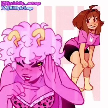 4girls ahoge animated animated_gif ashido_mina ass black_hair black_sclera blush boku_no_hero_academia boots breasts brown_hair cleavage colored_sclera colored_skin english_text hagakure_toru horns lowres multiple_girls non-web_source pink_hair pink_skin shirt shorts squatting t-shirt uraraka_ochako yaoyorozu_momo yellow_eyes