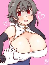 Rule 34 | 1girl, black gloves, black hair, blush, breasts, china dress, chinese clothes, cleavage, covered erect nipples, crazy eyes, crazy smile, dress, elbow gloves, gloves, grabbing, grabbing another&#039;s breast, hair flaps, hair ornament, hairclip, jingei (kancolle), kanon (kurogane knights), kantai collection, large breasts, long hair, low ponytail, one-hour drawing challenge, open mouth, pink background, red eyes, shaded face, simple background, smile, upper body, white dress, yandere