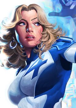 1girl arm_up artist_name blonde_hair blue_bodysuit blue_eyes bodysuit breasts commentary earrings english_commentary fantastic_four glitch highres jewelry large_breasts lips looking_to_the_side marvel marvel_rivals medium_hair multicolored_bodysuit number_print open_mouth simple_background solo sue_storm superhero_costume teeth two-tone_bodysuit upper_body uzuri_art wavy_hair white_background white_bodysuit