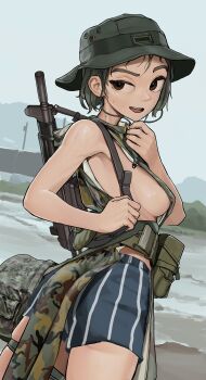 Rule 34 | 1girl, absurdres, ass, assault rifle, belt pouch, black hair, boonie hat, boxers, breasts, brown eyes, camouflage, camouflage skirt, commentary request, dutch angle, gun, highres, landscape, looking back, male underwear, non-web source, open mouth, original, outdoors, pouch, rifle, rifleman1130, sideboob, skirt, sweat, thighhighs, underwear, weapon