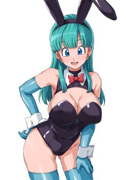 1girl :d absurdres animal_ear_hairband animal_ears aqua_gloves aqua_hair aqua_thighhighs black_hairband black_leotard blue_eyes bow bowtie breasts bulma cleavage cleavage_cutout clothing_cutout commentary_request detached_collar dragon_ball dragon_ball_(classic) elbow_gloves fake_animal_ears gloves gluteal_fold hairband hand_on_own_hip haruhisky highres large_breasts leotard long_hair looking_at_viewer open_mouth playboy_bunny rabbit_ears red_bow red_bowtie smile solo standing thighhighs thighs white_wrist_cuffs wrist_cuffs