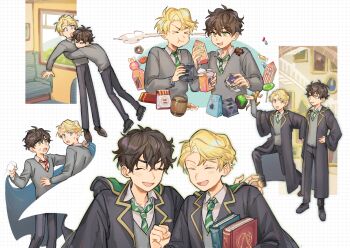 2boys albus_severus_potter bertie_bott&#039;s_every_flavour_beans black_hair black_robe blonde_hair blue_eyes candy closed_eyes food green_eyes green_necktie harry_potter_(series) harry_potter_and_the_cursed_child hogwarts_school_uniform huan_li hug invisibility_cloak lollipop male_focus multiple_boys necktie robe school_uniform scorpius_malfoy short_hair slytherin smile striped_necktie sweater wizarding_world