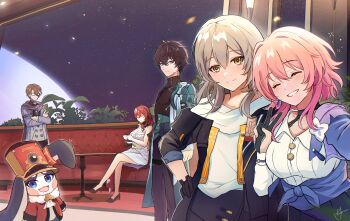 1other 2boys 3girls absurdres archery_shooting_glove black_choker black_corset black_gloves black_shoes black_skirt blue_jacket blush breasts buttons choker closed_eyes coat commentary corset crossed_arms crossed_legs dan_heng_(honkai:_star_rail) dress dress_shirt earrings english_commentary flower_ornament gloves grey_hair grin hand_on_own_hip highres himeko_(honkai:_star_rail) honkai:_star_rail honkai_(series) jacket jewelry kato_yuurina long_sleeves looking_at_viewer march_7th_(honkai:_star_rail) march_7th_(preservation)_(honkai:_star_rail) medium_breasts medium_hair motion_blur multiple_boys multiple_girls open_clothes open_coat partially_fingerless_gloves pink_hair planet pom-pom_(honkai:_star_rail) pump selfie shirt shoes signature single_earring single_glove sitting skirt sleeves_rolled_up smile space standing stelle_(honkai:_star_rail) tied_jacket trailblazer_(honkai:_star_rail) v welt_yang white_dress white_shirt yellow_eyes