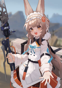 1girl :d absurdres animal_ears apron arknights blurry blurry_background brown_eyes brown_hair cowboy_shot dress flower frills hair_flower hair_ornament hairband highres hill holding holding_staff id_card long_hair long_sleeves looking_at_viewer maid_headdress open_mouth outdoors rabbit_ears shenhai_xianyu_fan skirt smile solo staff teeth upper_teeth_only very_long_hair warmy_(arknights)