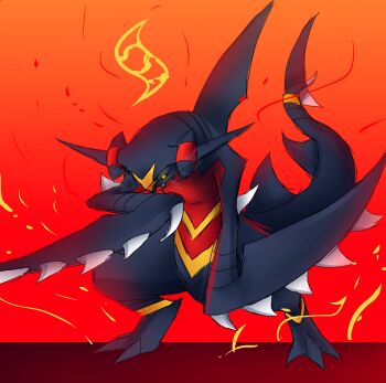 absurdres black_sclera bones_dio claws colored_sclera commentary dragon fins garchomp gen_4_pokemon highres mega_evolution_symbol mega_garchomp_z mega_pokemon nintendo pokemon pokemon_(creature) pokemon_focus pokemon_legends:_z-a solo spoilers tail yellow_eyes