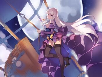 1girl aircraft artist_request bare_shoulders belt black_garter_straps black_leotard black_shoes black_sky breasts brown_thighhighs cleavage cloud full_moon game_cg garter_straps gem glint gold_belt gold_necklace high_heels hot_air_balloon jewelry juliet_sleeves large_breasts layered_skirt leotard long_hair long_skirt long_sleeves looking_at_viewer moon necklace nexon night official_art outdoors puffy_sleeves pumps purple_eyes purple_skirt purple_sleeves red_gemstone ribbed_leotard roamini rope second-party_source shoes showgirl_skirt sidelocks skirt sky smile solo split_mouth star_(symbol) straight_hair strapless strapless_leotard swept_bangs tales_weaver thighhighs underbust very_long_hair white_hair wide_sleeves