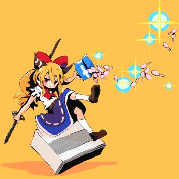 Rule 34 | 1girl, air conditioner, ascot, belt, blonde hair, blue skirt, blush, bow, box, brown belt, brown horns, brown shoes, closed mouth, commentary request, cookie (touhou), enema, full body, gram 9, hair bow, holding, holding sword, holding weapon, horns, ibuki suika, katana, leaning back, long hair, looking at viewer, red ascot, red bow, red eyes, shirt, shoes, short sleeves, simple background, skirt, smile, socks, solo, sparkle, sword, touhou, weapon, white shirt, white socks, yamin (cookie), yellow background