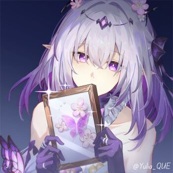 1girl absurdres artist_name bare_shoulders bug butterfly castorice_(honkai:_star_rail) chinese_commentary colored_inner_hair commentary_request dress english_text flower gloves grey_hair hair_between_eyes hair_flower hair_ornament highres holding honkai:_star_rail honkai_(series) insect jewelry lanmei_nai_fu_ye long_hair looking_at_viewer multicolored_hair pink_flower pointy_ears purple_eyes purple_gloves purple_hair ring solo twitter_username upper_body