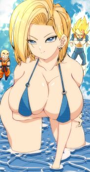 1girl 2boys android_18 blonde_hair blue_eyes breasts dragon_ball dragonball_z kuririn large_breasts multiple_boys omochi_db short_hair smile swimsuit vegeta