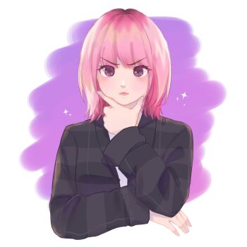 1girl black_jacket blush border chu_0618 closed_mouth eunha_(gfriend) gfriend hashtag-only_commentary highres jacket looking_at_viewer medium_hair pink_hair purple_background shirt solo sparkle twitter_username upper_body white_border white_shirt