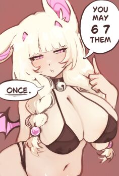 1girl 67_(meme) alternate_costume animal_ear_fluff animal_ears arm_behind_back artist_self-insert bat_ears bat_girl bat_wings bell bikini black_bikini black_collar blairevt braid braided_sidelocks breasts catbat_(blairevt) chestnut_mouth collar commentary covered_erect_nipples droopy_ears english_commentary english_text hair_bobbles hair_ornament highleg highleg_bikini highres huge_breasts indie_virtual_youtuber looking_at_viewer meme navel neck_bell one_ear_down orange_background personification pink_eyes pointing pointing_up presenting_own_body sidelocks solo speech_bubble swimsuit white_hair wings