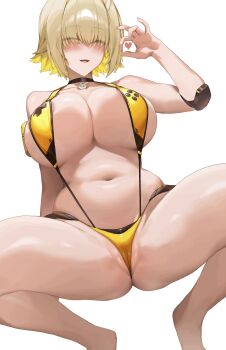 1girl animated animated_gif areola_slip bare_shoulders blonde_hair blush breasts elegg_(boom_and_shock)_(nikke) elegg_(nikke) eyes_visible_through_hair goddess_of_victory:_nikke hair_intakes hair_over_eyes hand_up heart highres huge_breasts looking_at_viewer navel official_alternate_costume one-piece_swimsuit open_mouth partially_visible_vulva samart sideboob simple_background slingshot_swimsuit smile solo squatting stomach swimsuit thighs tongue white_background yellow_one-piece_swimsuit
