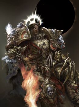 Rule 34 | 1boy, armor, artist name, boredguitarfish, breastplate, clawed gauntlets, closed mouth, commentary, crown, emperor's sword, emperor of mankind, english commentary, fire, flaming sword, flaming weapon, full armor, fur trim, gauntlets, gem, glowing, glowing eyes, glowing halo, gold armor, gorget, greaves, halo, highres, holding, holding sword, holding weapon, imperial aquila, laurel crown, long hair, orb, ornate armor, ornate weapon, pauldrons, portrait, power armor, red gemstone, shoulder armor, signature, sitting, skull ornament, solo, sword, the dark king, warhammer 40k, weapon, white halo