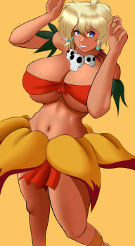 1girl absurdres ahoge anklet bikini blonde_hair blue_eyes breasts cleavage crystal_earrings earrings flower_skirt front-tie_bikini_top front-tie_top highres huge_breasts jewelry jungle_de_ikou large_breasts leaves mii_(jungle_de_ikou) necklace orange_bikini poketune short_hair skirt skull_necklace smile solo swimsuit tan