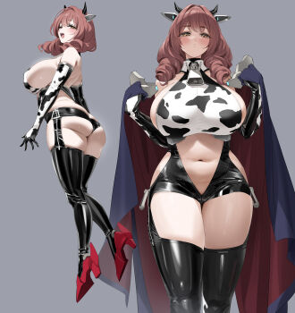 animal_ears animal_print ass azur_lane bell blush breasts brown_hair cape cow_ears cow_horns cow_print cowbell cowpens_(azur_lane) drill_hair fake_animal_ears hair_between_eyes high_heels highres horns large_breasts looking_at_viewer looking_to_the_side mole navel official_artist_extra open_mouth sideboob yd_(orange_maru) yellow_eyes
