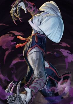 1girl a.k.i._(street_fighter) absurdres black_dress black_pants chinese_clothes claw_(weapon) claw_ring dress earrings evil_smile from_above head_back highres impossible_hair jewelry looking_at_viewer pants red_eyes red_lips red_trim scale_print see-through_clothes see-through_sleeves short_hair side_slit smile solo street_fighter street_fighter_6 suru_(seiya) tassel tassel_earrings weapon white_hair