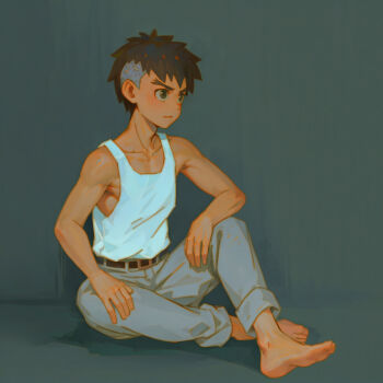1boy barefoot belt brown_hair kimitachi_wa_dou_ikiru_ka maki_mahito male_focus pants ryou_hiryuu short_hair sitting solo tank_top toned toned_male undercut white_tank_top