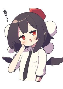 1girl :d black_hair black_necktie black_wings blush collared_shirt commentary_request cropped_torso hand_up hat head_tilt highres looking_at_viewer mini_hat mini_wings necktie open_mouth puffy_short_sleeves puffy_sleeves red_eyes red_hat saisoku_no_yukkuri shameimaru_aya shirt short_sleeves simple_background smile solo tilted_headwear tokin_hat touhou translation_request upper_body white_background white_shirt wings