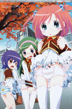 00s 3girls :o absurdres accidental_exposure ahoge analog_clock animal_print ass back-print_panties backpack bad_id bad_yandere_id bag blue_eyes blue_hair blush bob_cut bow bow_panties cat_panties cat_print cat_print_panties clock clothes_lift covering_crotch covering_privates day dress dress_lift embarrassed fang frilled_panties frills glasses green_hair hair_bobbles hair_ornament hairband highres kuroi_sumi leaf loli long_hair looking_back megami_magazine moetan moetan_school_uniform multiple_girls nijihara_ink nishio_kouhaku official_art open_mouth outdoors panties panties_under_pantyhose pantyhose pantyshot photoshop_(medium) pink_hair print_panties randoseru red_eyes ribbon scan school school_bag school_uniform serafuku shiratori_arisu short_dress short_hair short_twintails sky standing striped_clothes striped_panties surprised thigh_gap thighband_pantyhose thighhighs thighs tree twintails underwear upskirt vest white_panties white_thighhighs wind wind_lift zettai_ryouiki