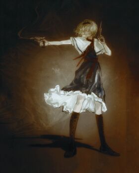 1girl absurdres alice_margatroid blonde_hair blue_dress boots brown_boots capelet cigarette cookie_(touhou) dress dual_wielding frilled_dress frills full_body grin gun hair_over_eyes hairband handgun highres holding jigen_(cookie) lace-up_boots looking_to_the_side neckerchief red_hairband red_neckerchief red_sash revolver sash short_hair smile smoke smoking_barrel solo touhou weapon white_capelet xbsx