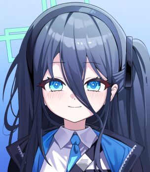 1girl aqua_halo aris_(blue_archive) black_hair black_hairband blue_archive blue_background blue_eyes blue_necktie blush bright_pupils gradient_background green_halo hair_between_eyes hairband halo highres jacket kiro_(kirotayu) long_hair long_hair_between_eyes looking_at_viewer necktie one_side_up portrait rectangular_halo ringed_eyes shirt simple_background smile solo straight-on white_shirt