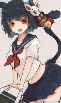 1girl animal_ear_fluff animal_ears arched_back azur_lane bag bell black_hair blue_sailor_collar blue_skirt bob_cut bow breasts cat_ears cat_girl cat_mask cat_tail commentary_request eyeshadow fang hair_ribbon highres jingle_bell leaning_forward looking_at_viewer makeup mask mask_on_head medium_breasts midriff_peek miniskirt mismatched_eyebrows navel neckerchief nyucha official_alternate_costume pleated_skirt raised_eyebrows red_eyes red_eyeshadow red_neckerchief ribbon sailor_collar school_bag school_uniform serafuku shirt short_sleeves skirt solo tail tail_bell tail_bow tail_ornament thick_eyebrows thighhighs tress_ribbon v_arms white_shirt white_thighhighs yamashiro_(azur_lane) yamashiro_(street_corner_offensive!)_(azur_lane)