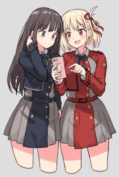 2girls arm_at_side belt black_hair blonde_hair blue_belt blue_jacket blue_ribbon blue_skirt blush cellphone collar commentary dress expressionless eyelashes green_ribbon grey_background grey_skirt hair_ribbon hand_on_own_neck heads_together highres holding holding_phone inoue_takina jacket light_blush long_hair long_sleeves looking_at_another looking_at_phone lycoris_recoil lycoris_uniform multiple_girls nishikigi_chisato one_side_up open_mouth phone pleated_skirt pointing profnote purple_eyes red_belt red_eyes red_jacket red_ribbon red_skirt ribbon short_hair sidelocks simple_background skirt smartphone smile standing two-tone_dress two-tone_skirt white_collar