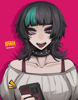 Rule 34 | 1boy, absurdres, artist name, bare shoulders, black collar, black hair, blunt bangs, cellphone, character name, chin piercing, collar, collarbone, commentary, cross, cross earrings, earrings, face piercing, green streaks, highres, holding, holding phone, hoshi kirara, jewelry, jujutsu kaisen, lip piercing, looking at viewer, male focus, medium hair, mikuneki, multicolored hair, open mouth, phone, piercing, pink background, purple eyes, shadow, shirt, simple background, smartphone, solo, spiked collar, spikes, streaked hair, tongue, tongue out, trap, upper body, white shirt