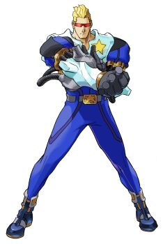 Rule 34 | 1990s (style), 1998, 1boy, absurdres, armor, belt, bengus, blonde hair, bodysuit, capcom, captain commando, captain commando (character), clenched hand, cyborg, game cg, goggles, highres, light frown, male focus, marvel, marvel vs. capcom, marvel vs. capcom 1, multicolored bodysuit, non-web source, official art, power armor, power gloves, power suit, retro artstyle, solo, star (symbol), two-tone bodysuit