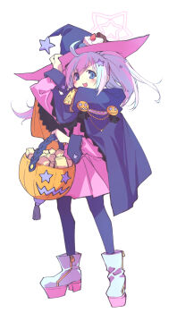 1girl :d ahoge basket black_cloak black_hat black_pantyhose blue_archive blue_eyes blue_hair blush boots cake cloak commentary_request food full_body hair_ornament halloween halloween_bucket halloween_costume hand_on_headwear hand_up happy_halloween hat highres holding holding_basket long_hair long_sleeves looking_at_viewer midori_no_ruupe multicolored_hair open_mouth pantyhose pink_hair pink_shirt pink_skirt pleated_skirt pumpkin reisa_(blue_archive) shirt sidelocks simple_background skirt smile solo standing star_(symbol) star_hair_ornament tareme trick_or_treat twintails two-tone_hair v-shaped_eyebrows white_background white_boots witch witch_hat