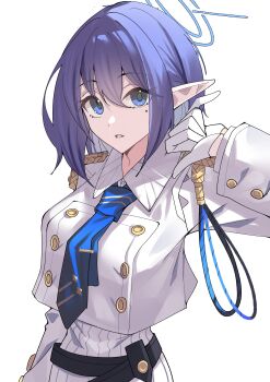 1girl absurdres aoi_(blue_archive) blue_archive blue_eyes blue_halo blue_necktie breasts buttons collared_shirt commentary cropped_jacket double-breasted gloves halo hand_up highres jacket large_breasts long_sleeves medium_hair mole mole_under_eye necktie oil_sob parted_lips pointy_ears purple_hair shirt simple_background solo symbol-only_commentary upper_body white_background white_gloves white_jacket white_shirt