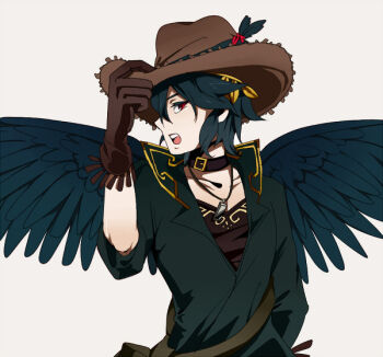Rule 34 | 1boy, alternate costume, angel, angel wings, black hair, brown gloves, collarbone, cowboy hat, dark pit, gloves, grey background, hand on headwear, haniwa (hnw), hat, kid icarus, kid icarus uprising, looking at viewer, male focus, nintendo, open mouth, red eyes, simple background, solo, third-party source, wings