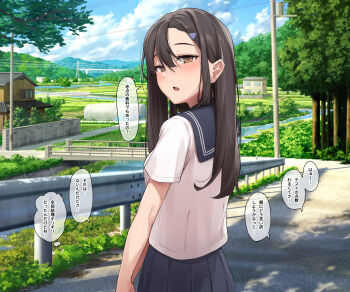 Rule 34 | 1girl, black hair, blue sailor collar, blue skirt, brown eyes, check commentary, commentary request, day, from behind, hair ornament, hairclip, highres, hill, house, long hair, looking at viewer, looking back, open mouth, original, outdoors, papino, pleated skirt, road, sailor collar, school uniform, serafuku, shirt, short sleeves, skirt, solo, speech bubble, straight hair, translation request, tree, white shirt