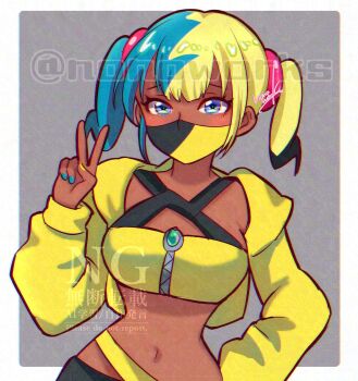 1girl adversarial_noise aqua_hair bandeau black_hair blonde_hair blue_nails border canari_(pokemon) crop_top cropped_jacket dark-skinned_female dark_skin eyelashes highres jacket long_sleeves looking_at_viewer mask mouth_mask multicolored_hair multicolored_nails navel nintendo nonoworks open_clothes open_jacket outside_border pokemon pokemon_legends:_z-a short_hair signature solo twintails twitter_username two-tone_nails v white_border yellow_jacket yellow_nails