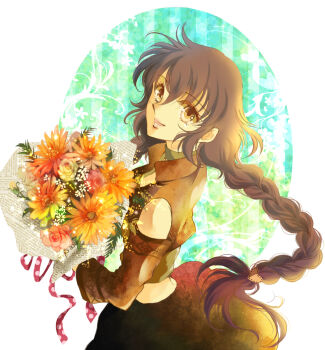 Rule 34 | 1girl, bouquet, braid, brown eyes, brown hair, brown shirt, brown skirt, closed mouth, clothing cutout, commentary request, cowboy shot, flower, from side, hair between eyes, hair ornament, heart, heart hair ornament, holding, holding bouquet, light particles, long braid, long hair, long sleeves, looking at viewer, low-braided long hair, low-tied long hair, nao70110, orange flower, original, polka dot, polka dot ribbon, red ribbon, redrawn, ribbon, shirt, shoulder cutout, skirt, smile, solo, sunflower, white flower, yellow flower
